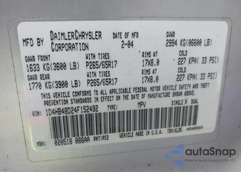 2004 Dodge Durango Slt from USA, damaged, VIN 1D4HB48D24F152492